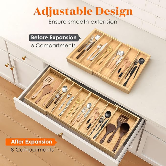 Kathfly Extra Large Drawer Organizer Kitchen Utensils Expandable 21.4 to 36 Inches Wid, Adjustable Bamboo Silverware Tray Cutlery Utensile Flatware Organizer Holder Drawer Divider for Spoons and Forks