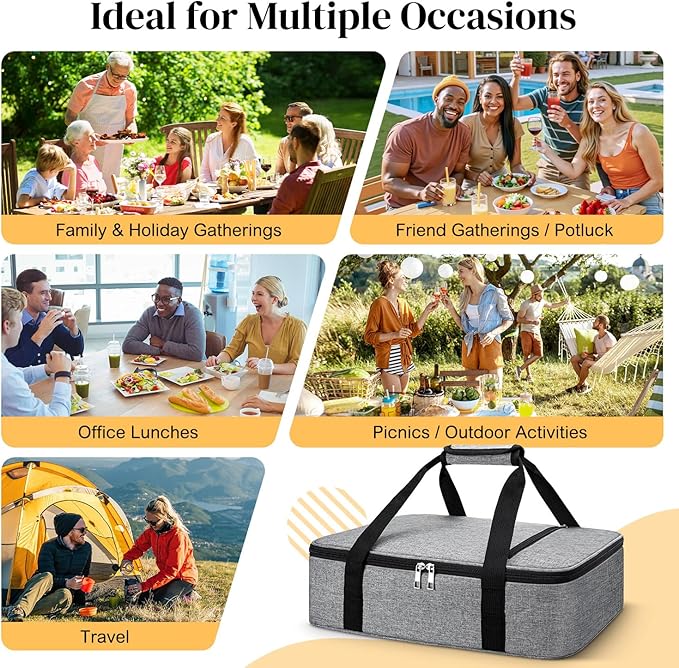 Coobiiya Double Decker Insulated Casserole Carrier – Portable Tote for Hot or Cold Food, Warmer & Cooler Bag Lunch Bag, Fits 9" x 13" Baking Dish, Ideal for Potluck Parties
