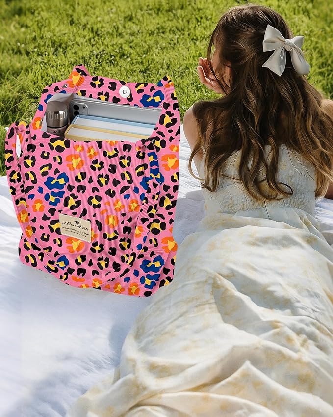 Miss Adola Corduroy Tote Bag for Women - Reusable Totes with Pocket & Buckle Cute Aesthetic Shoulder Bag for Work Travel