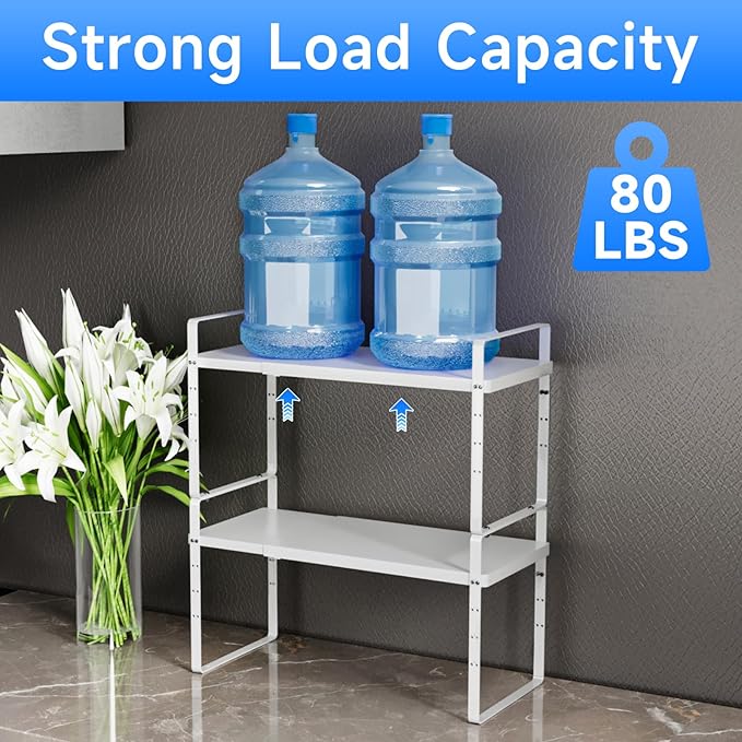 KIKIBRO Expandable Cabinet Shelf Organizer, Stackable Kitchen Pantry Counter Storage, Adjustable Closet Cupboard Stand Rack Risers Spice Organization 80LBS Heavy Duty White Large 2 Pack