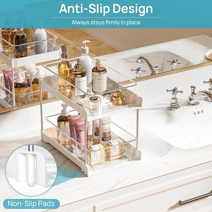 Vtopmart 2 Pack Bathroom Organizer, 2 Tier White Under Sink Organizers Vanity Countertop Storage Container, Cabinet Drawers Bins, Pull-Out Organization with Track for Pantry, Kitchen