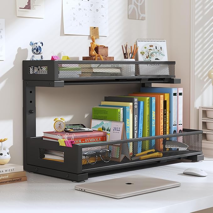 1 Pack 19-Inch Deep Under Sink Storage Organizer, Large 2-Tier Elegant Mesh Pull-Out Shelf for Kitchen and Bathroom Cabinet Organization, L-Shaped and Adjustable Height Design - Black