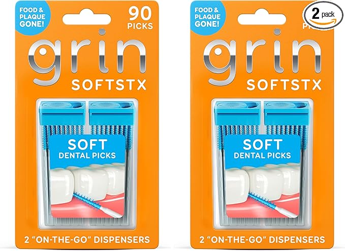 Grin Softstx,Gentle Dental Picks,Soft Flexible Bristles,Textured Plaque Removing Toothpick,Minty Flavor,for Between Teeth,Refillable Hygienic Case,for Braces,Bridges,and Implants,90 Count (Pack of 2)