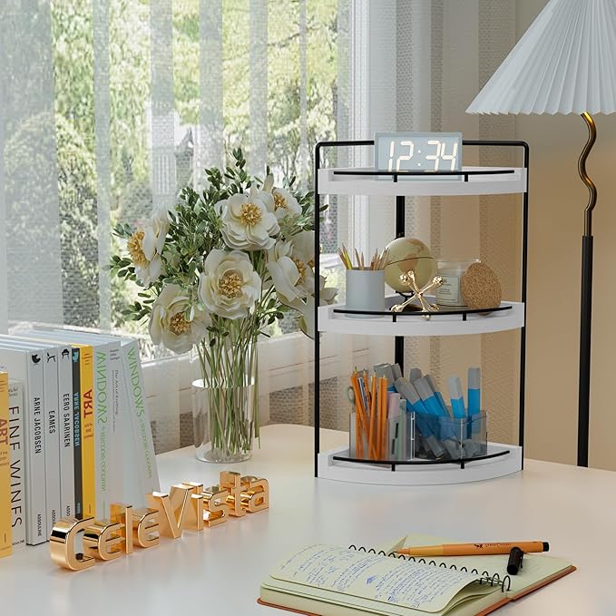 Corner Bathroom Counter Organizer, 3 Tier Bathroom Sink Shelf Countertop, Wood Vanity Skincare Storage for Toiletries Decor, Makeup, Dresser (White)