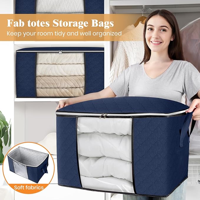Fab totes 24 Gallons Clothes Storage, Foldable Thick Fabric Blanket Storage Bags, Containers for Organizing Bedroom, Closet, Clothing, Comforter, Organization with Handle (10 Pack, Blue)