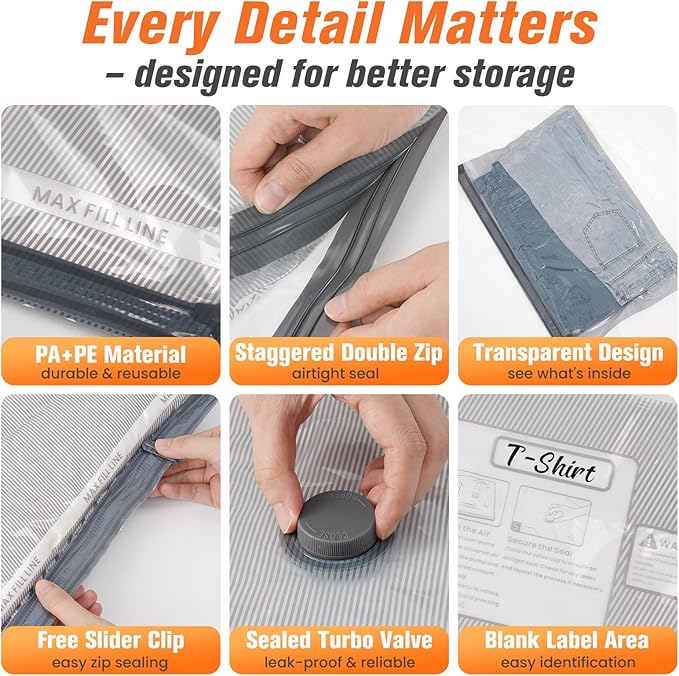 9 Pack Vacuum Storage Bags with Pump, Space Saver Travel Bags with Rechargeable Wireless Pump, Reusable Tear-Proof Compression Packing Cubes for Heavy Clothes/Bedding/Luggage/Moving 9 Combo Size