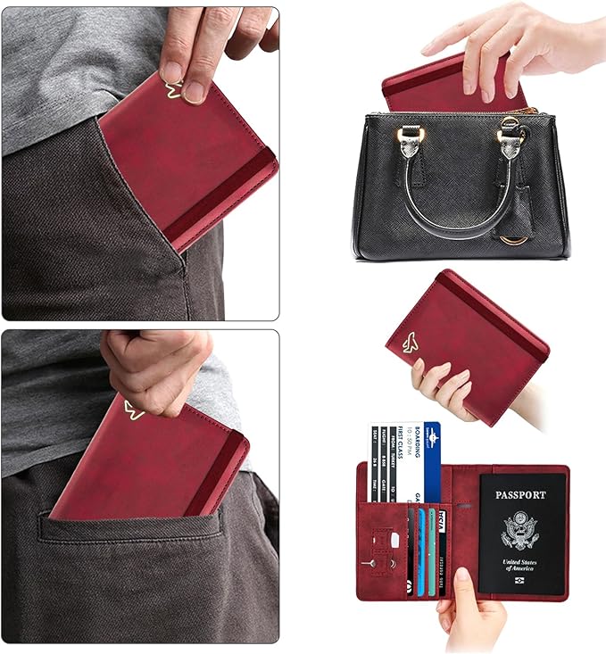 WALNEW Passport Holder for Travel, RFID Passport Cover Wallet for Women Men, PU Leather Passport Book Card Holder Case with Pen (Elastic Band Closure, C-Red)