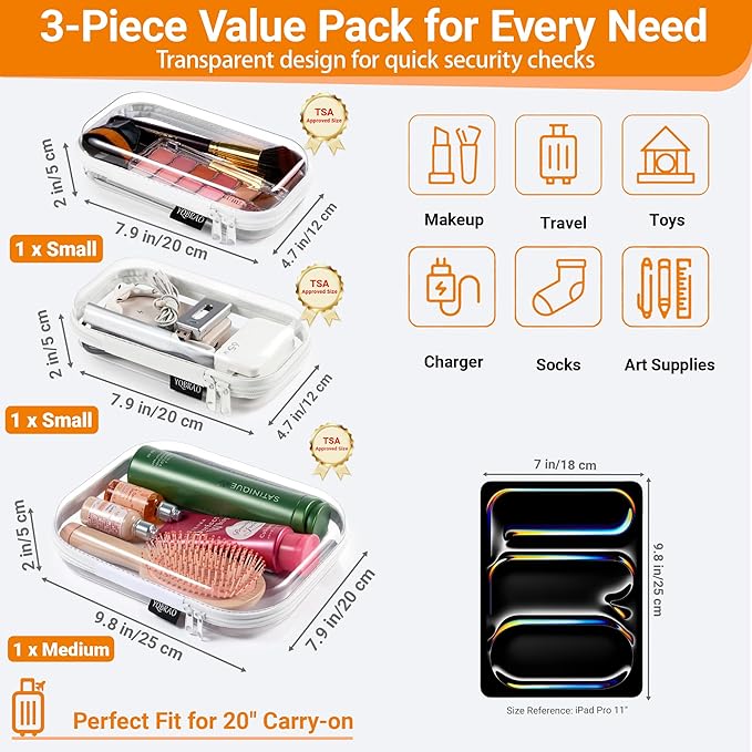 6 Pack Clear Hard Shell Zipper Case (4 Small & 2 Medium), Hard Plastic Organizer Pouches for Travel, Small Items, Makeup, Electronics & Art Supplies - Crush-Resistant & Waterproof Storage