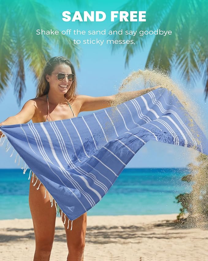 Turkish Beach Towels Vacation Essentials with Bag Quick Dry Sand Free Soft Absorbent Adult Bath Pool Swim Long Wide Stripe Towel Cloud Linen Sandfree Mat Summer Thing Lightweight Thin Travel Blue