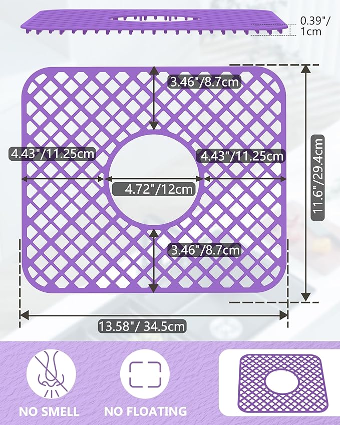 2 Pack Silicone Sink Protector for Kitchen Sink, Lozenge Pattern 13 x 11 inches Sink Grid Mat Silicone Protectors, Center Drain, Purple