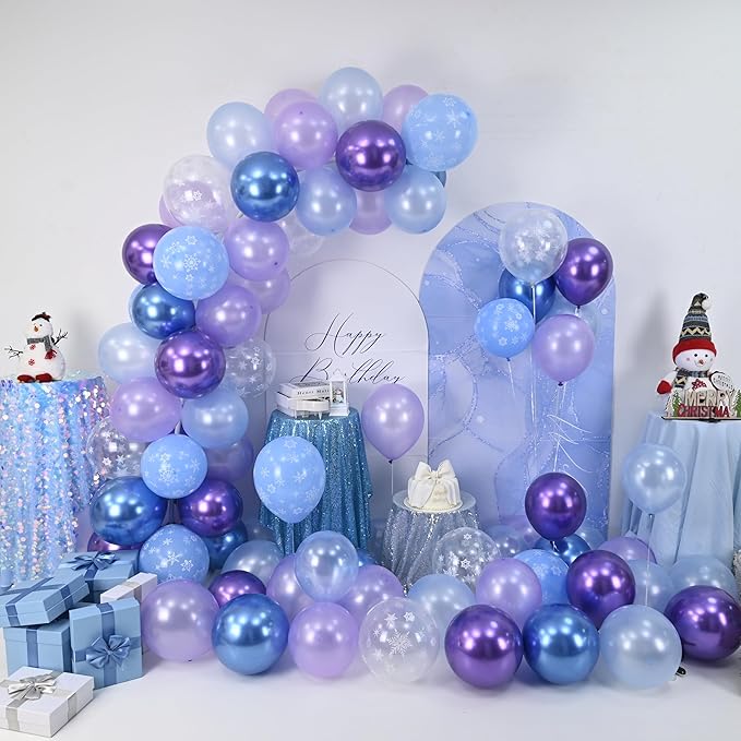 Blue Purple Snowflake Balloons, Pearl Light Blue Purple Metallic Clear Latex Balloons for Girls Princess Snow Winter Wonderland Christmas Baby It's Cold Outside Baby Shower Birthday Party Decorations