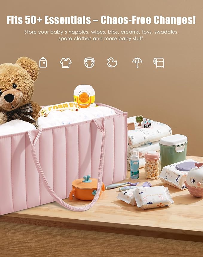 SWEET DOLPHIN 2-Pack Baby Diaper Caddy Organizers, Stylish Storage Baskets for Newborn Essentials, Diaper Station & Car Travel, Value Bundle for Baby Shower Gifts & Registry Must-Haves - Pink