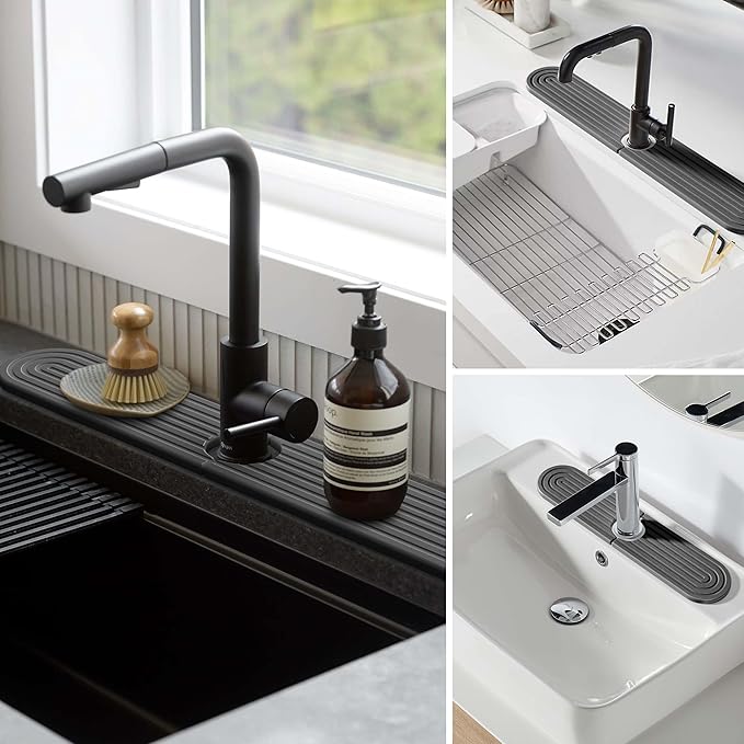 Stone Faucet Mat for Kitchen Sink – Diatomite Fast-Drying Stone Tray, Faucet Mat Sink Splash Guard, Decorative Sink Protector for Kitchen Bathroom Counter (Dark Grey, 30''x3.9'')