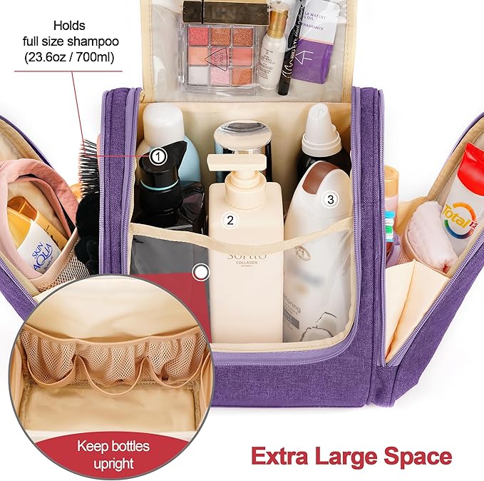Travel Hanging Toiletry Bag for Women and Men, 6 Organizer Compartments, Holds Full Size Bottles, Extra Large Cosmetic Accessories, Makeup Essentials, Bathroom Water-Resistant Toiletry Bag, Purple