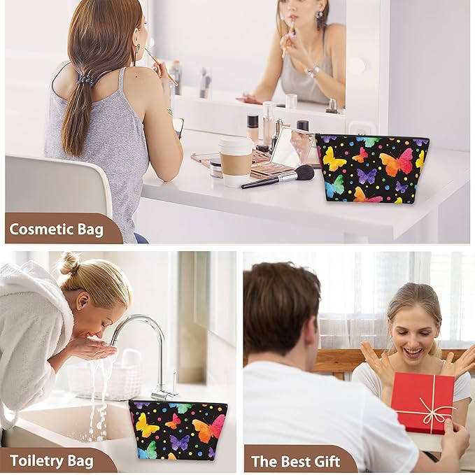 Colorful Butterflies Cosmetic Bag Dots Watercolor Makeup Bags,Travel Make up Bags for Women Girls Cute Zipper Pouch Toiletry Organizer Bag Travel Essentials