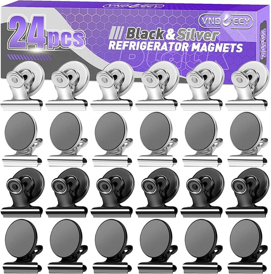 VNDUEEY Refrigerator Magnets, 24 Pack Fridge Magnet Strong Magnetic Clips for Whiteboard, Office, Locker, Photo Displays, Durable Magnet Clips for Fridge(Black&Silver)