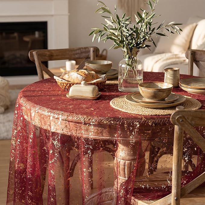 Horaldaily Burgundy Gold Gauze Tablecloth 60x60 Inch Round, Golden Sequin Glitter Metallic Foil, Sheer Tulle Cheesecloth for Wedding Baby Shower Ceremony Birthday