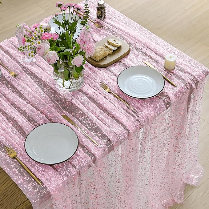 Horaldaily Pink Gold Gauze Tablecloth 52x70 Inch Rectangular, Pink Sequin Glitter Metallic Foil, Sheer Tulle Cheesecloth for Wedding Baby Shower Ceremony Birthday