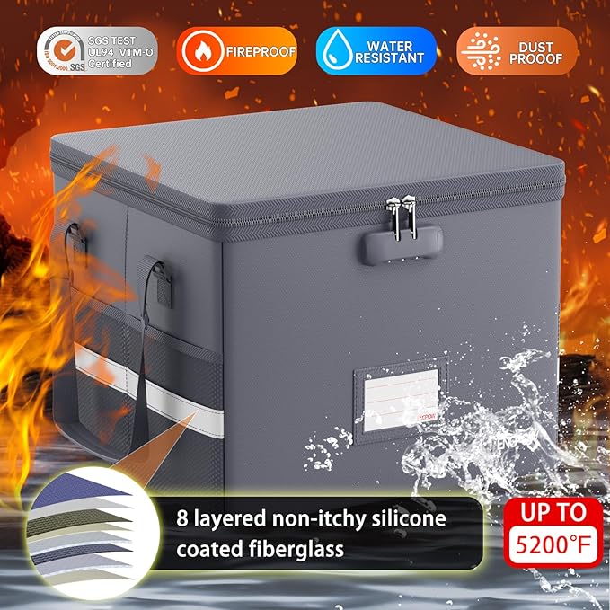 ENGPOW 5200°F File Box Fireproof Document Box with Lock, Heat Insulated Collapsible File Storage Organizer Box with Handle, Portable Home Office File Cabinet for Hanging Letter/Legal Size Folder, Gray