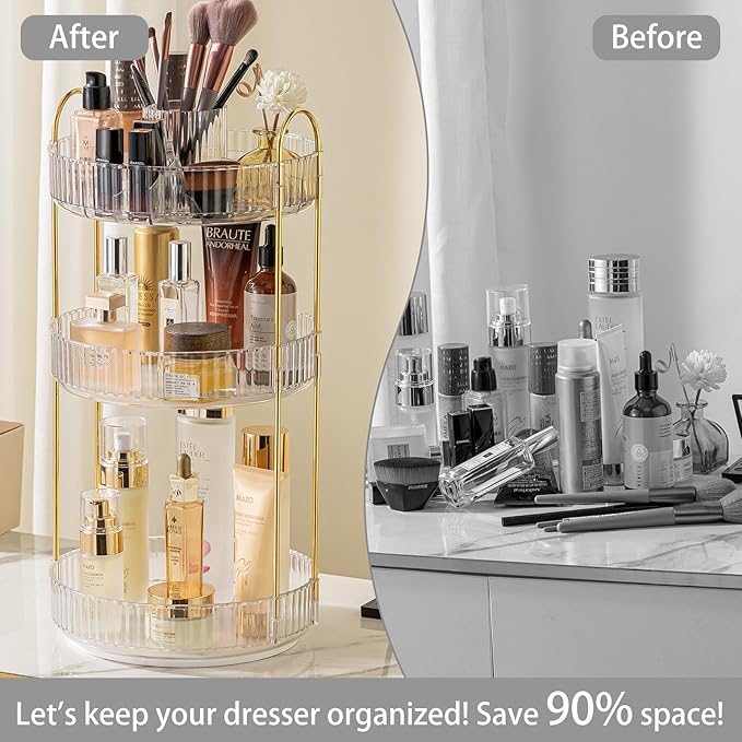 Rotating Makeup Organizer for Vanity, High-Capacity Skincare Clear Make Up Storage Perfume Organizers Cosmetic Dresser Organizer Countertop 360 Spinning (Clear, New-3 Tier)