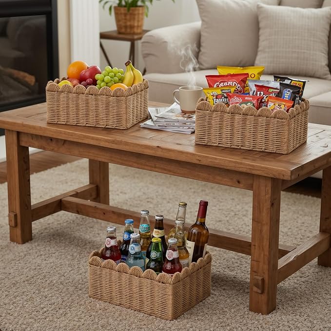Luckybell 3 Pcs Wicker Baskets for Organizing,Scalloped Baskets, Hand-woven Wicker Storage Cubes, Paper Rope Shelf Baskets for Organizing and Decoration,Brown Basket