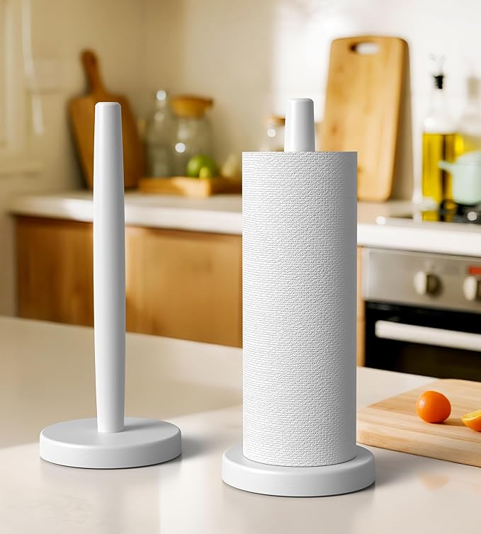 KitchLife Wooden Paper Towel Holder Countertop - Solid Freestanding Paper Towel Dispenser Stand with Anti-Skid Base (White)