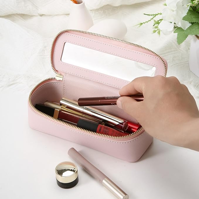Aveniee Clear Makeup Brush Bag, Slim Cosmetic Brush Holder, small Toiletry Bag Mini Travel Case for Women, Thin Make up Bags with Dual Zipper, Cute Travel Essentials Organizer,Pink