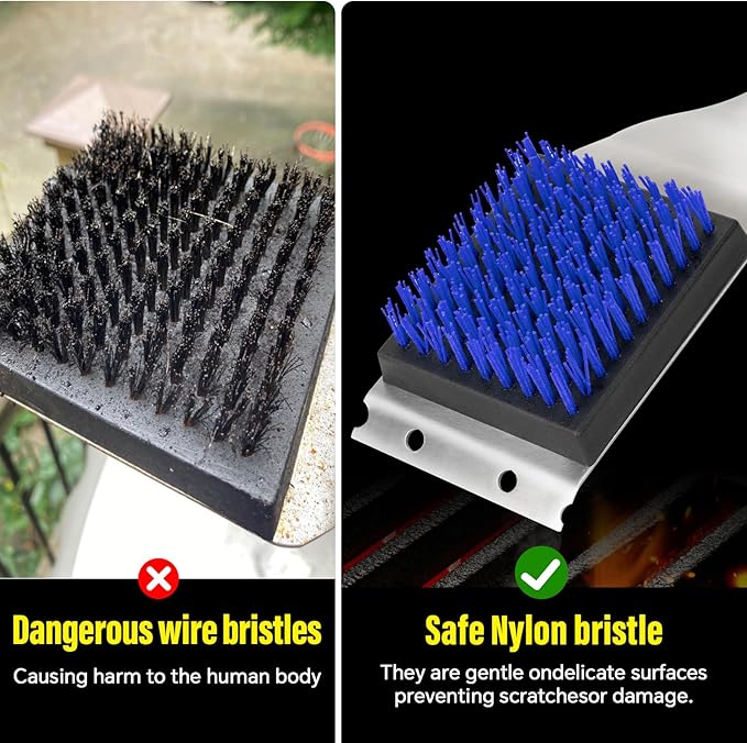 XUDAKAIXIN Grill Brush and Scraper, Dual Grip Design, Extra Strong BBQ Cleaner Accessories, Safe Nylon Bristles Barbecue Triple Scrubbers Cleaning Brush for Cast Iron Grates/Porcelain/Charcoal Grill