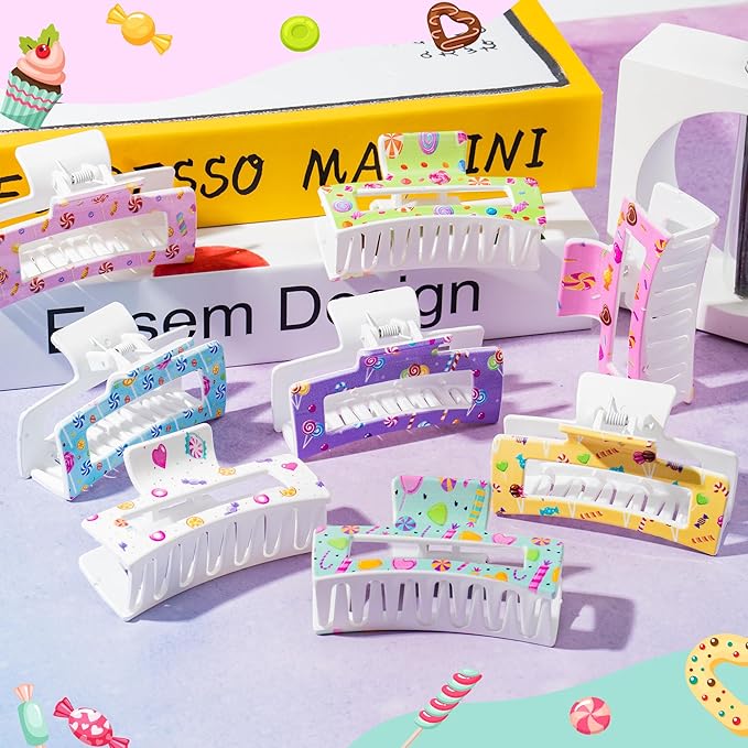 PANTIDE 8Pcs Candy Hair Claw Clips for Women - Christmas Candyland Colorful Rectangle Nonslip Aesthetic Clips Rainbow Lollipop Sweets Hair Accessories Party Favors Birthday Gifts