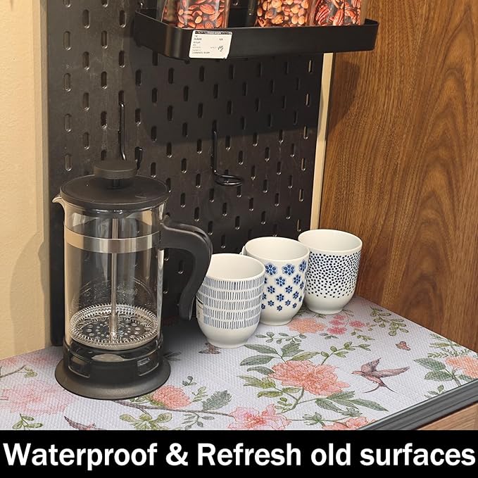 Bird Floral Shelf Liners Non Adhesive and Strong Non-Slip Shelf and Drawer Liners for Kitchen Cabinet Wire Fridge, Waterproof Shelf Drawer Liner,Easy to Clean,12IN x 10FT