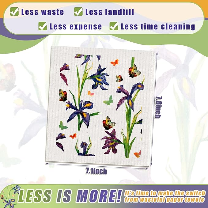 Geiserailie 6 Pieces Swedish Kitchen Dish Cloths Butterflies Wildflowers Kitchen Dish Towels Reusable Sponge Cleaning Cloths Absorbent Quick Drying Washable Wipes Hand Towel for Cleaning