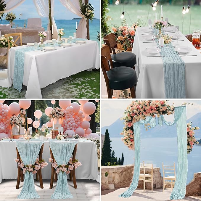 Bailarina 25 Pack Cheesecloth Table Runner 17x108 Inch Long Gauze Cheese Cloth 9ft Wrinkled Sheer Table Runner for Wedding Reception Birthday Party Table Decoration (Light Blue)