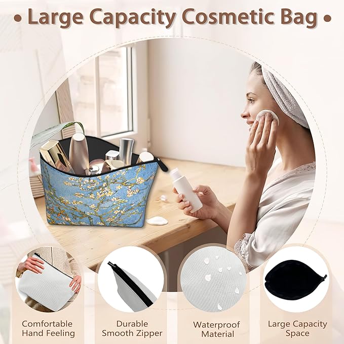 Blossoming Almond Tree Cosmetic Bag Flower Makeup Bags,Travel Make up Bags for Women Girls Cute Zipper Pouch Toiletry Organizer Bag Travel Essentials