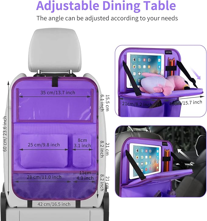 LUCMO Car Backseat Organizer with Tablet Holder, 6 Storage Pockets Car Storage Organizer with Foldable Food Tray, Seat Protectors Kick Mats Travel Accessories - Dark Purple