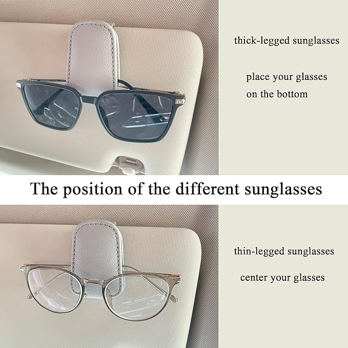 KIWEN Sunglasses Holders for Car Visor, Magnetic Leather Glasses Eyeglass Clip for Car, Ticket Card Clip Sunglasses Mount, Car Visor Accessories Gadgets (1, Beige)