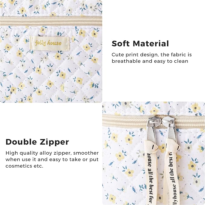 HBselect Quilted Makeup Bag, 3PCS Cotton Large Travel Makeup Bag, Cute Floral Coquette Make up Bag Cosmetic Bag Toiletry Bag for Women Girls