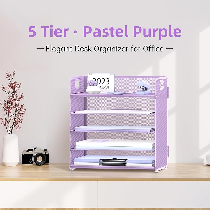 2 Pack 5-Tier Purple Desk Organizer with Handle Mesh Desk File/Paper Organizer Letter Tray for Office, School and Home Easy Installation Purple Office Supplies