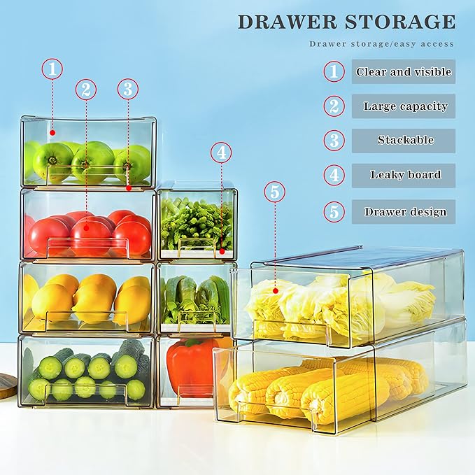 Mano 2-Pack Clear Fridge Drawers Pull Out Stackable Refrigerator Drawer Organizer Bins Pantry Storage Box Plastic Food Containers for Kitchen Bathroom Office Closet (2-pack-Large)