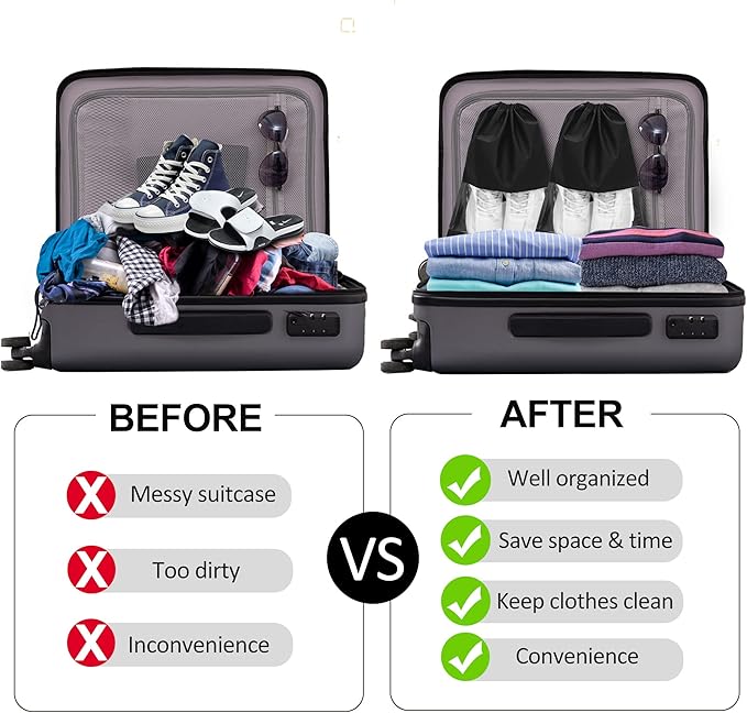 YAMIU 12PCS Shoe Bags for Travel - Large Dustproof Drawstring Shoes Pouch Packing Organizers for Men & Women, Black