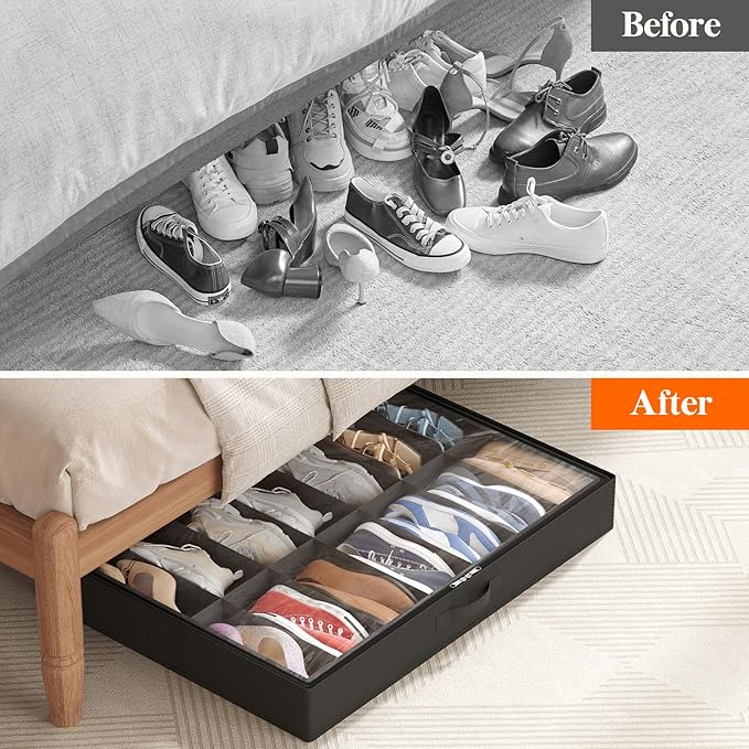 Lifewit Under Bed Shoe Storage Organizer 2 Pack (14 Pairs), 4.3" Tall Fabric Shoes Container Box, Foldable Closet Shoe Bag with 2 Reinforced Handles and Clear Cover, Black