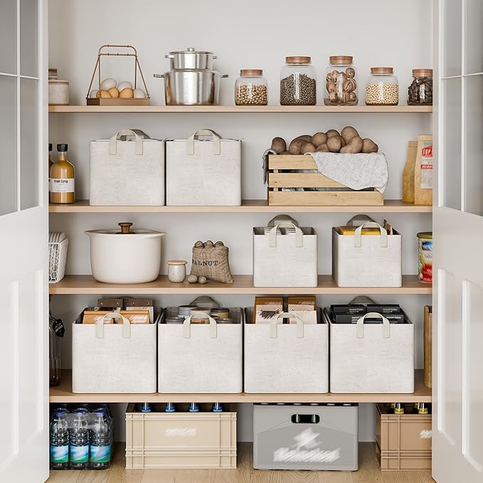 StorageWorks Storage Bins, Shelves Baskets for Organizing, 45L Extra Large Fabric Closet Organizers with Handles, Metal Frame, Beige-Cotton-linen, 2-Pack
