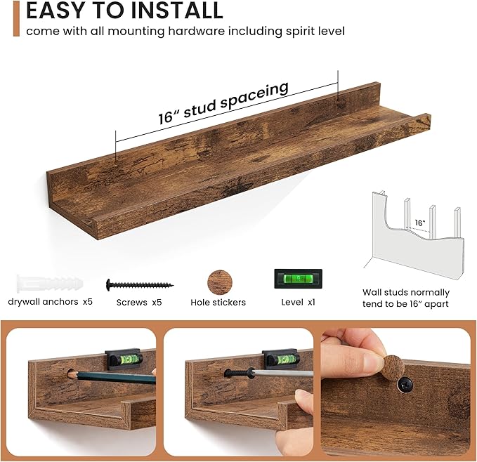 Fun Memories Picture Ledge Shelves Set of 2, 24 Inch Rustic Wall Mounted Floating Shelves with Lip for Home Storage and Décor in Bathroom, Kitchen, Nursery, Bedroom, Living Room, Brown