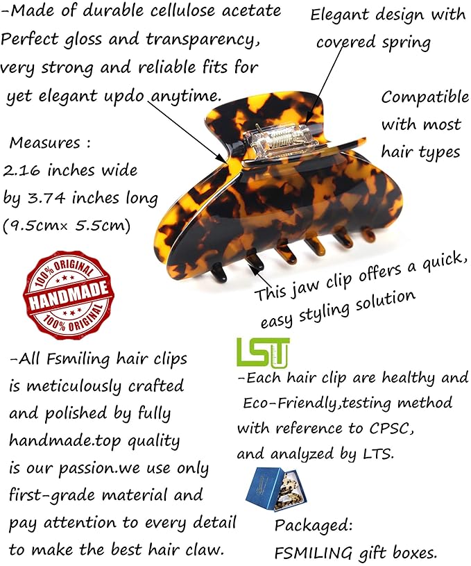 2 Pack Big Hair Claw Clips Tortoise Shell Nonslip Large Claw Clip For Women Celluloid Leopard Print Jaw Clips For Thick Hair