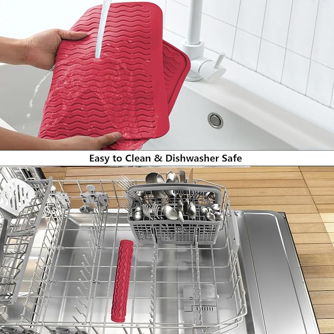 ZLR Silicone Dish Drying Mat for Kitchen Counter, Eco-Friendly Fast Dry Dish Mat, Easy Clean Multi Usage Drying Matt, Heat Resistant Trivet, 12" x 12" Middle, Lave Red