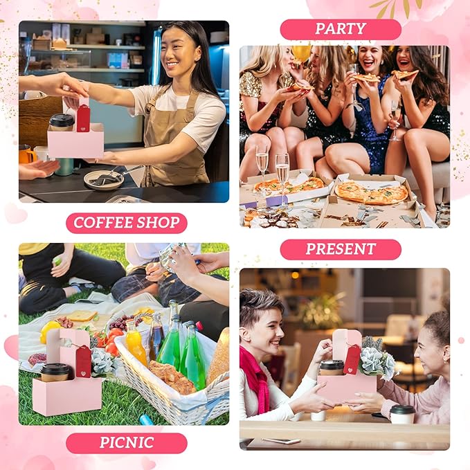MotiMind 8 Pack 2 Cup Drink Carrier with Handle Kraft Paperboard Cup Holder Portable for Mother's Day Teachers' Day for Hot Cold Drinks Coffee Caddy with Heart Card Rope (Pink)