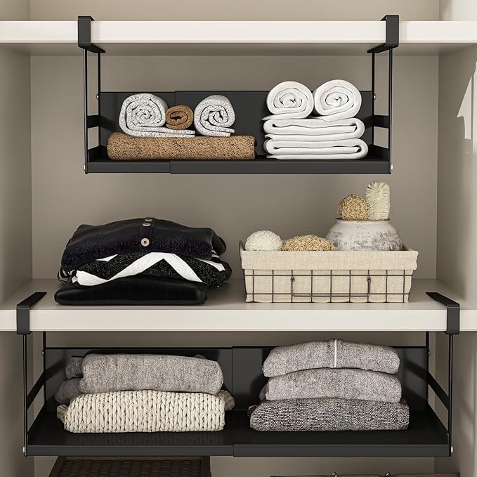 SHINEWON Expandable Under Cabinet Shelf Organizer with 0.94-Inch Thick Clips, Heavy Duty Extendable Under Shelf Storage Basket for Pantry or Laundry Room, Black, 2 Pack, Interior: 5.7" H x 8.54" D
