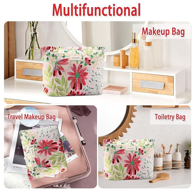 ZLFSRQ Floral Makeup Bag for Women Cute Cosmetic Bag Large Capacity Cosmetic Pouch Embroidery Vintage Zipper Makeup Pouch for Purse Portable Travel Toiletry Bags Aesthetic Skincare Storage Organizer
