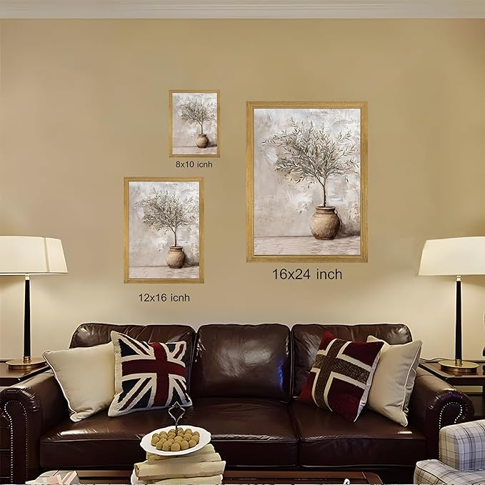 Wood Framed Olive Tree Canvas Wall Art, Room Aesthetic Oil Painting, Rustic Vintage Potted Plant Wall Decor, Neutral Botanical Artwork for Living Room Kitchen Dining Room Farmhouse Home Decor 16x24 in