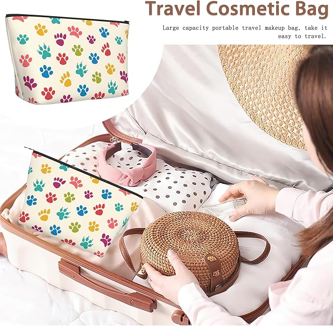 Cats Dogs Paws Print Cosmetic Bag Colorful Pet Makeup Bags,Travel Make up Bags for Women Girls Cute Zipper Pouch Toiletry Organizer Bag Travel Essentials
