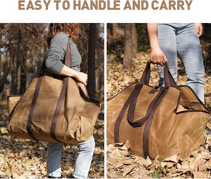 Waxed Canvas Log Carrier Tote Bag, Extra Large Durable Firewood Holder with Handles and Shoulder Strap, Heavy Duty Wood Carrying Bag for Fireplaces & Wood Stoves Khaki